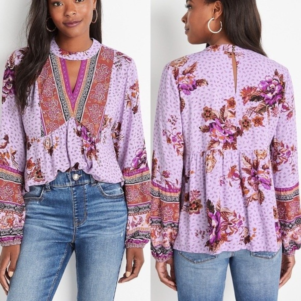 Maurices Floral Boho Peasant Blouse 2X Lavender Long Sleeve Festival Flowy